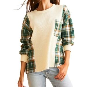 BKE Womens XS Waffle Knit Plaid Sleeve Pocket Top Long Sleeve Casual Winter Fall